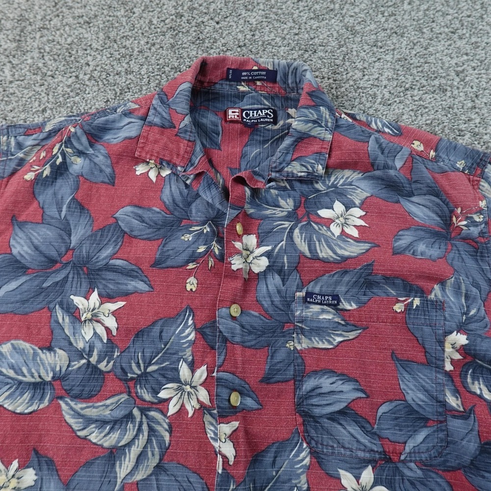 VTG Chaps Ralph Lauren Shirt Mens L Red Blue Floral Hawaiian Chambray Button Up